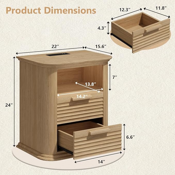 22'' Fluted Nightstand with Charging Station, Modern End Table with 2 Drawers and Open Storage, Wood Night Stand with Round Corner, Side Bedside Table for Bedroom, Living Room, Curved Profile,Natural