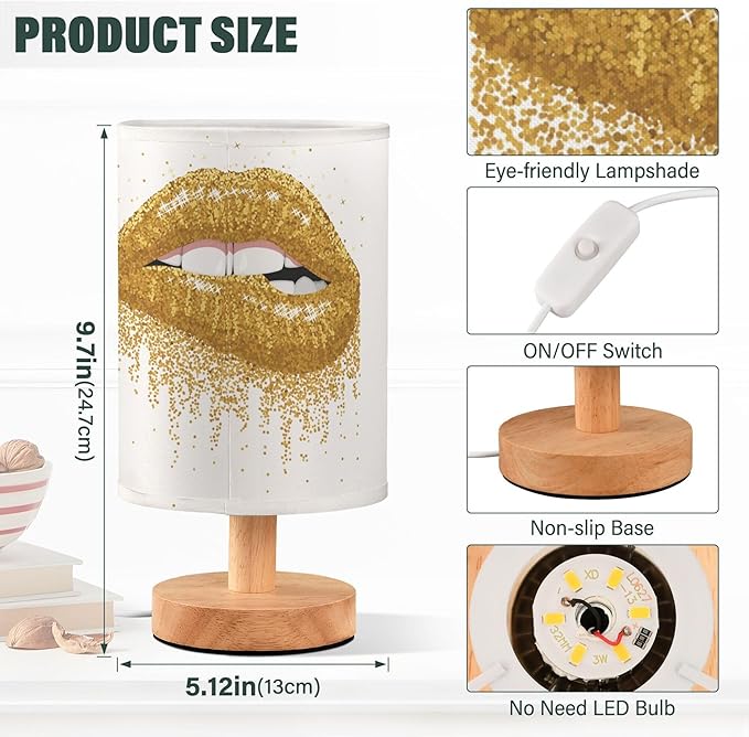 Table Lamp Gold Glitter Lip Paint Flow on White Nightstand Lamp with Wood Base Fabric Lamp Shade Bedside Desk Lamp for Living Room Bedroom Kids Room Office