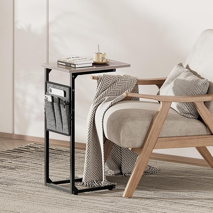 Vagusicc C Shaped End Table, Small Side Table for Couch, Couch Side Table C Table for Small Space, TV Tray Slide Under Sofa Snack Table with Metal Frame for Living Room, Bedroom, Bedside, Grey