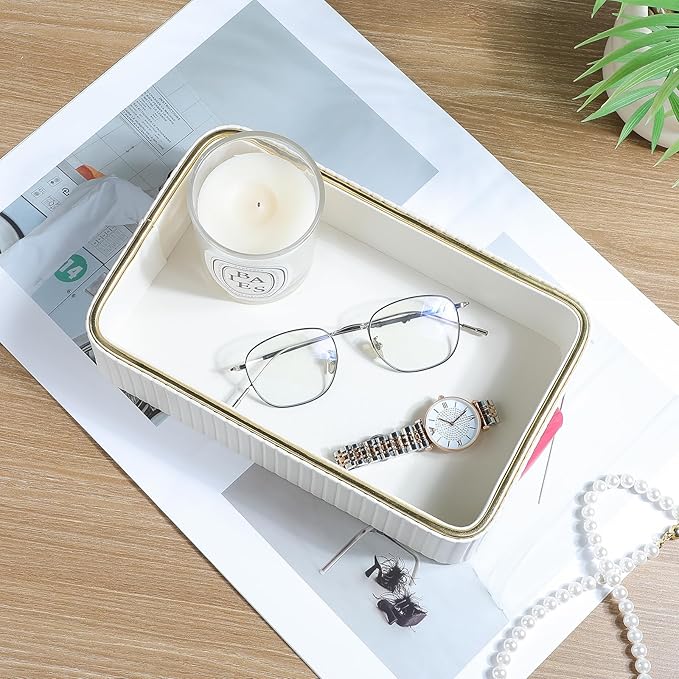 Desk Organizer Tray, PU Leather Valet Tray Nightstand Organizer Cologne Perfume Trays for Men Women, Decorative Vanity Trays Key Bowl Trinket Dish (Ivory, 9.5" x 6" x 2.2")