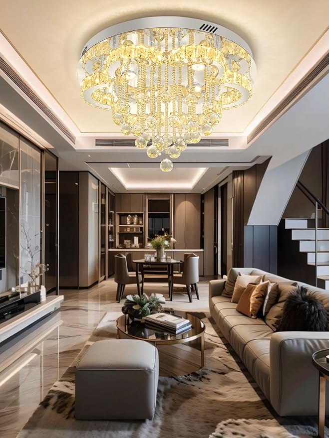 Flashing God W24inches Modern Chandelier for Dining Room Raindrop Crystal Chandelier Luxury Flush Mount Ceiling Light Fixture Ceiling Lamp for Hallway Bedroom Living Room Kitchen
