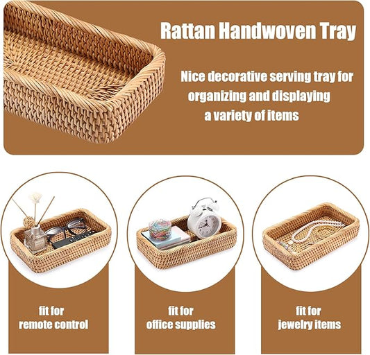BTSKY Small Remote Basket for Coffee Table Entryway Living Room Rattan Serving Tray 10.1x6.1 inches Handwoven Wicker Baskets Decorative Tray for Remote Control Trinkets Rings Cosmetics Crackers Candy