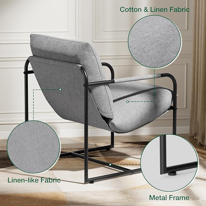 HOMMPA Sling Accent Chair Set of 2, Steel Frame Lounge Arm Chair Living Room Chair with Side Storage Pocket, Reading Accent Chair Mid Century Modern Bedroom Chair Linen Fabric Cover, Flax