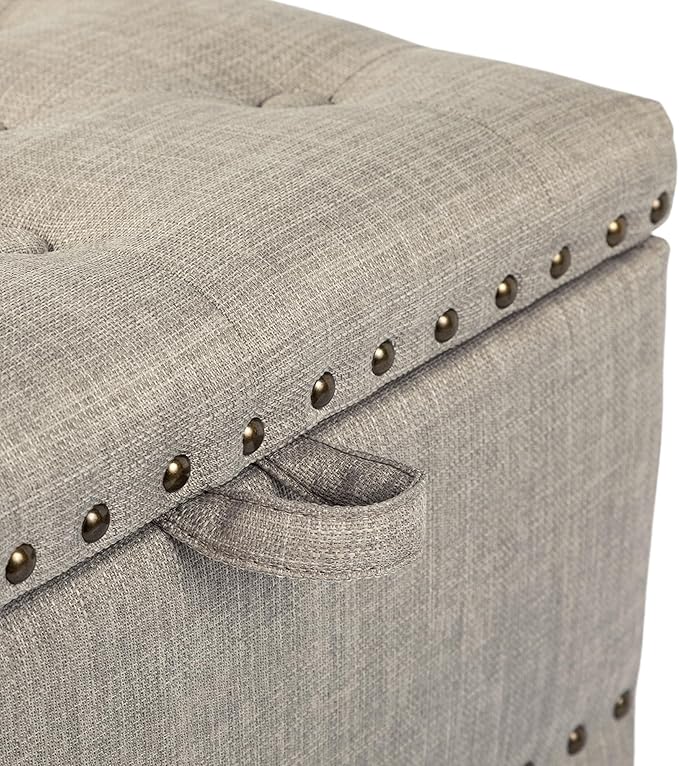 Adeco 18 Inch High Cube Ottoman Storage, Linen Beige Chair Foot Stools with Tray, Upholstered Vanity Stool with Solid Wood Legs