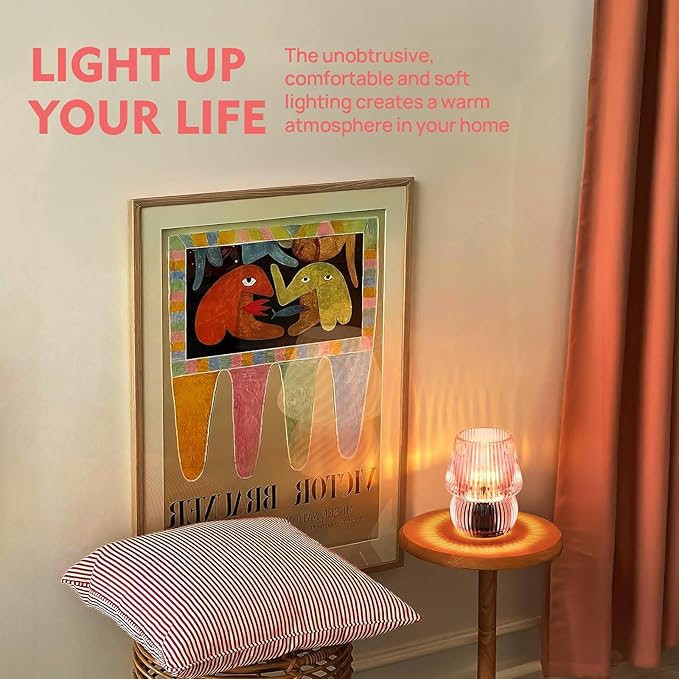 Battery Operated Lamp with Timer, Small Cute Cordless Glass Table Lamp for Home Decor, Kitchen, Bathroom, Birthday Gift for Women, Mushroom, Pink