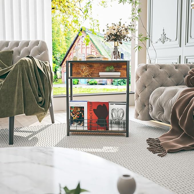 IBUYKE Narrow Side Table with Storage Shelf, 3 Tier End Table,Modern Sofa Table,Small Nightstand with Magazine Rack,Telephone Table for Small Spaces,for Living Room, Bedroom,Brown UTMZ001H