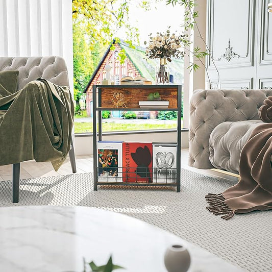 IBUYKE Narrow Side Table with Storage Shelf, 3 Tier End Table,Modern Sofa Table,Small Nightstand with Magazine Rack,Telephone Table for Small Spaces,for Living Room, Bedroom,Brown UTMZ001H