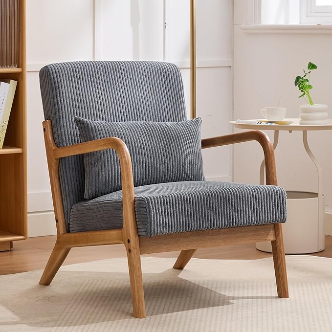 Mid Century Modern Corduroy Accent Chair, Living Room Chairs with Lumbar Pillow Boho Arm Chiar Reading Chair with Solid Wood Frame for Living Room Bedroom