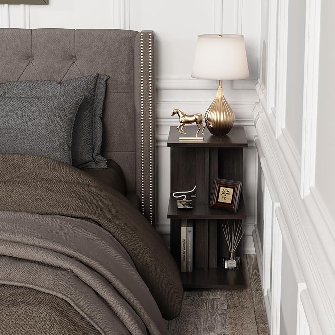 1 Pack Night Stand with Charging Station, Bedside Table for Couch, USB Ports and Outlet, Side/End Table with 3-Layer Storage Shelves for Small Spaces, Living Room, Bedroom, Bedside (Brown)