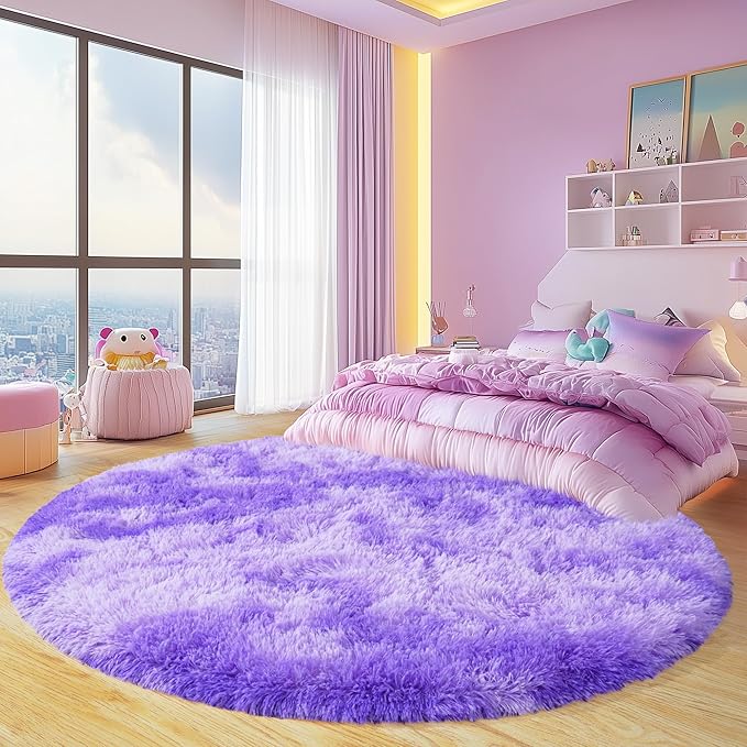 Round Fluffy Rugs 5Ft for Girls Bedroom, Tie-Dyed Purple Shag Circle Kids Rug Non-Slip for Bedside Dorm Nursery Playroom, Soft Cute Area Rugs for Living Room Decor