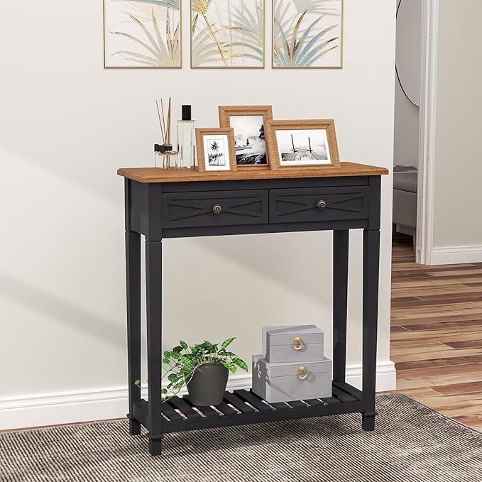 kinbor Narrow Console Table with Shelf ＆ Drawers Small Entryway Table Hallway Table for Entryway Living Room Bedroom Foyer Office Black