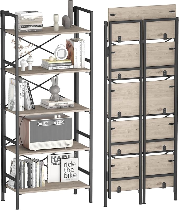 Folding Bookshelf,5 Tier Bookcase Foldable Shelf with X-Bracket Design, Adjustable Feet, Space Saving Storage for Living Room, Office