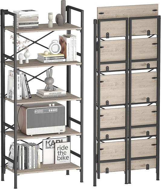 Folding Bookshelf,5 Tier Bookcase Foldable Shelf with X-Bracket Design, Adjustable Feet, Space Saving Storage for Living Room, Office