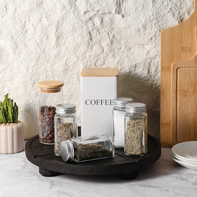 12'' Round Wooden Tray Pedestal Stand, Farmhouse Bathroom Decor Riser for Soap Dispenser, Perfume, Candle, 12'', Matte Black