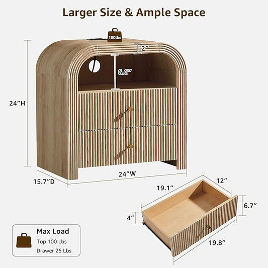 T4TREAM 24" Fluted Nightstand Set of 2, Large 2 Drawers Bedside Table with Charging Station, Modern End Table with Storage Night Stand for Bedroom, Living Room, Round Curved Corner Design, Natural Oak