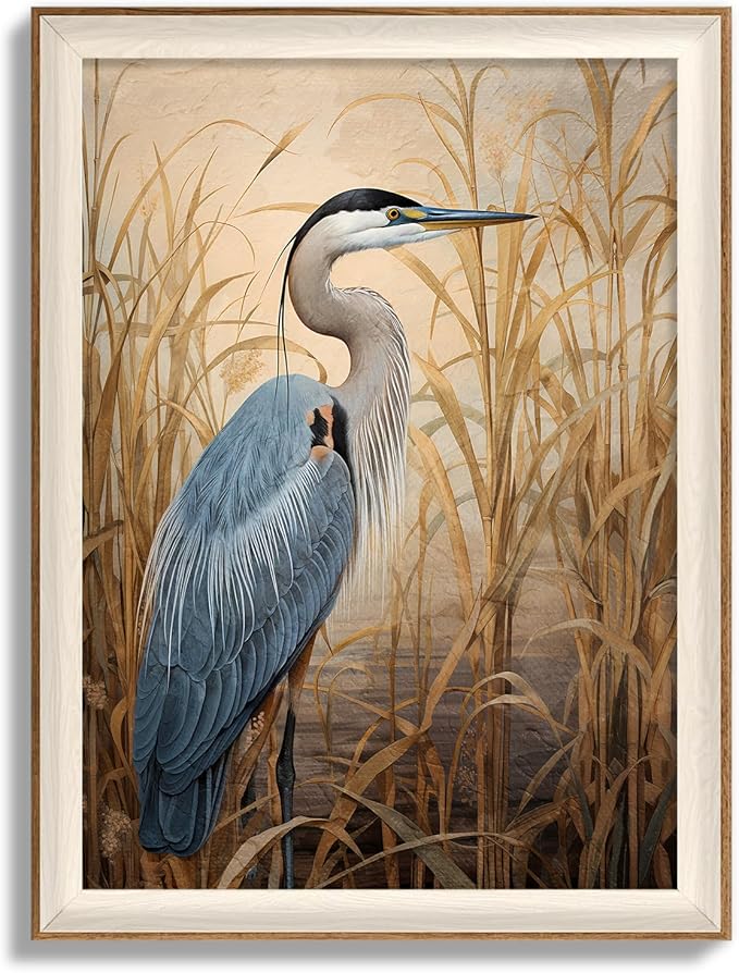 YUEYARIT Framed wall art, vintage wall decor, modern farmhouse style heron decor, canvas printed pictures, suitable for gifts, cottagecore bedroom, bathroom, living room, and office artwork.