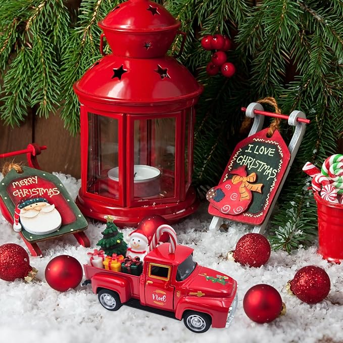 Christmas Red Truck Decor 5 Inch Vintage Farmhouse Metal Truck with Mini Christmas Village Accessories Rustic Xmas Tiered Tray Decor Winter Holiday Tabletop Decorations Xmas Party New Year Gifts