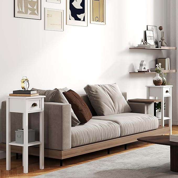 HOMCOM 2-Tier Side Table with Drawer, Narrow End Table with Bottom Shelf, for Living Room, Set of 2, White