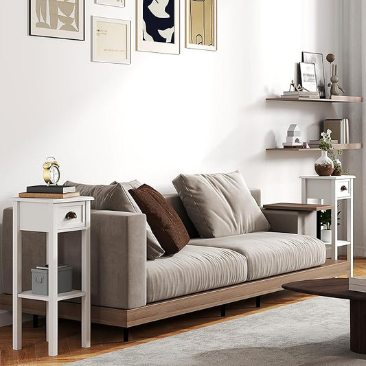 HOMCOM 2-Tier Side Table with Drawer, Narrow End Table with Bottom Shelf, for Living Room, Set of 2, White