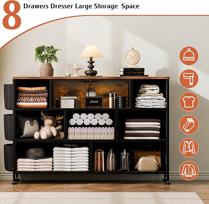 Dresser for Bedroom with 8 Drawers, Dresser TV Stand with LED Lights, Fabric Chest of Drawers with Side Pocket for Living Room, Entryway, Bedroom Furniture (Rustic Brown)