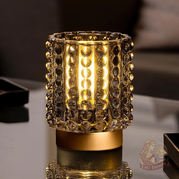 Battery Operated Lamp with Timer, Mini Crystal Table Lamps for Home Decor, Small Cordless Lamp for Areas No Outlets, Glass Battery Powered Lamps for Entryway, Bedroom, Bathroom, Shelf, Corner(Gray)