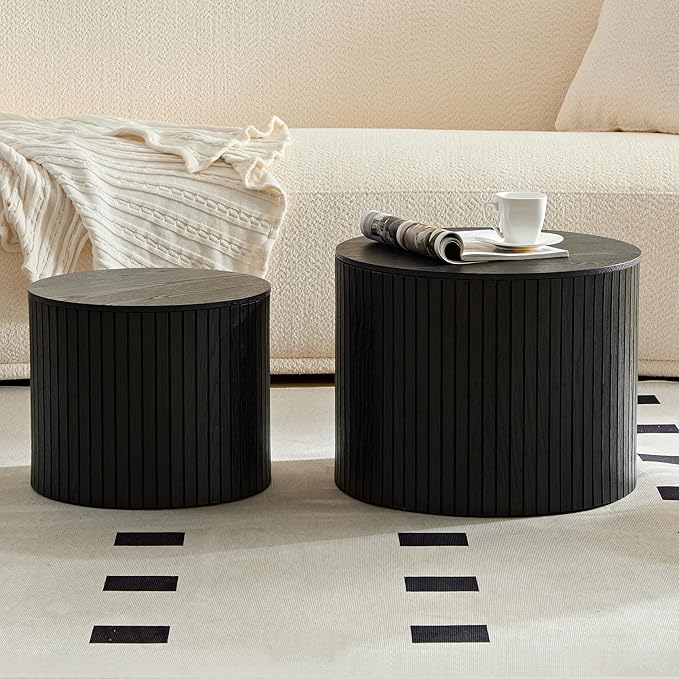 Nesting Coffee Table Set of 2, Modern Round Wooden Circle Accent Coffee Tables for Small Spaces Living Room Bedroom Balcony Office Drum Side Table