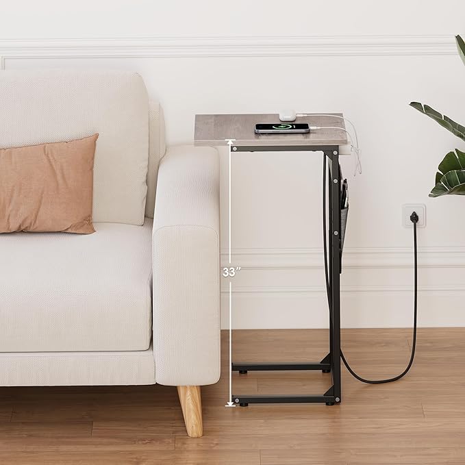 Vagusicc C Shaped End Table with Charging Station, Tall Side Table for Couch, Small Couch Side Table Recliner Tables, Slide Under Sofa Table TV Tray Arm Tables for Living Room, Bedroom, Bedside, Gray
