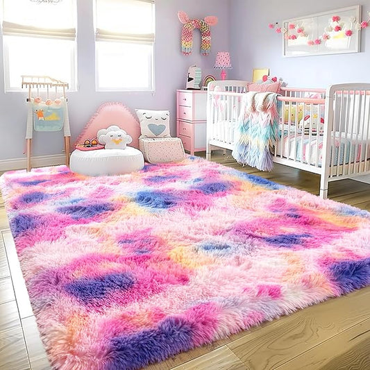 Super Fluffy Rug for Bedroom, 4x6 Shag Fuzzy Area Rug for Living Room Bedroom, Plush Soft Carpet for Girls Boys Kids, Non Slip Throw Rugs for Dorm, Modern Home Decor Aesthetic, Dark Rainbow