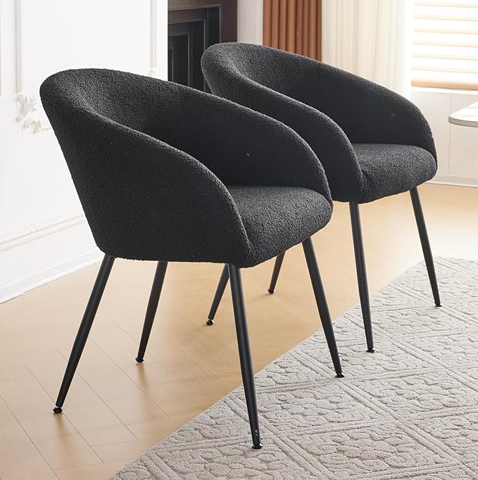 Modern Small Accent Chair Set of 2, Comfy Sherpa Makeup Vanity Chair with Metal Legs, Decorative Chair no Wheels for Living Room, Dressing Room, Bedroom, Black