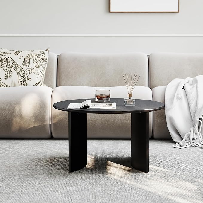 31.5" Mid Century Modern Coffee Table for Living Room, Round Table with Rubber Legs, Small Unique Cocktail Tea Table for Living Room Bedroom Apartment Small Space, Black