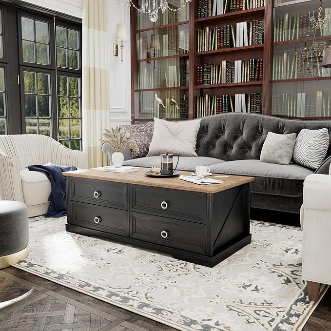 Rustic Coffee Table with Drawers 47 inch Living Room Tables with Storage, Wooden Center Table for Reading Playing Room Home Accent Table for Dining Room Apartment, Dark Oak Black