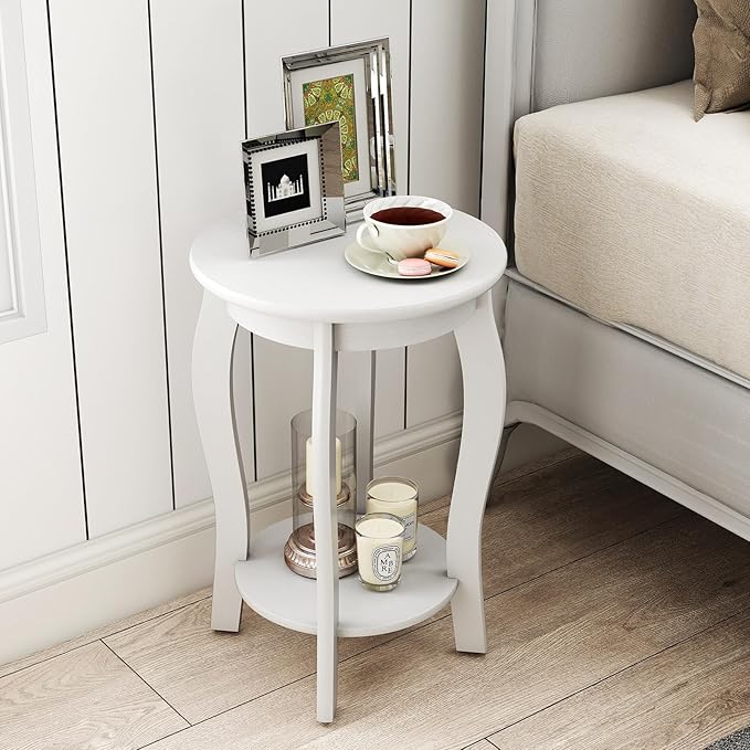 GOFLAME 2-Tier Round End Table Set of 2, Mid-Century Modern Sofa Side Table with Storage Shelf, Solid Wood Legs, Compact Accent Table, Nightstand for Living Room, Bedroom, Small Space, White