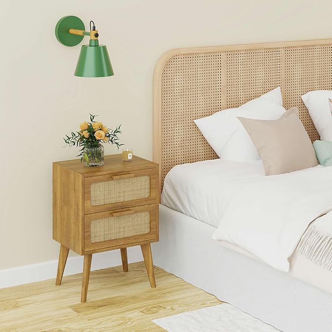 Rattan Nightstand,End Table, Side Table with 2 Hand Made Rattan Decorated Drawers,Boho Bedside Table,Wood Accent Table with Storage for Livingroom, Bedroom, Toffee Wood CTG59T