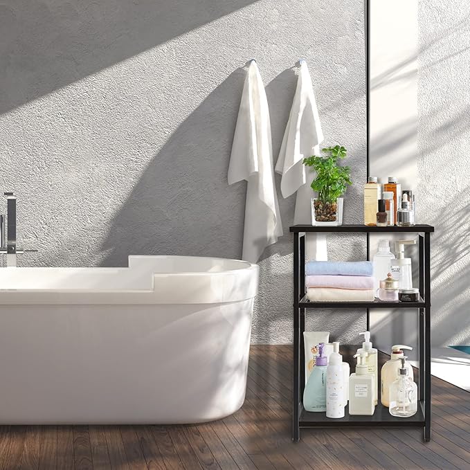 IBUYKE Side Table, 3-Tier End Table, Industrial Nightstand Small Table with Storage Shelf, for Bedroom, Living Room, Hallway, with Metal Frame, Black UTMJ403B