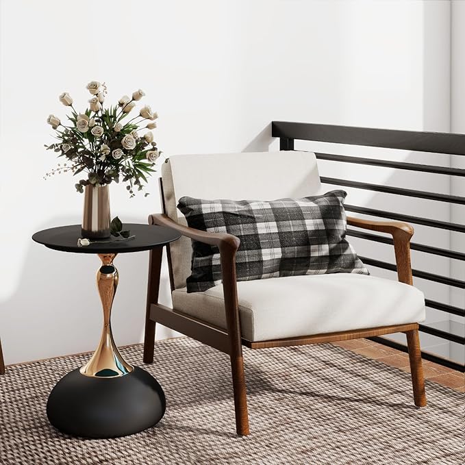 Metal Round End Table,Modern Pedestal Table,Corner Drink Tables,Accent Side Table Nightstand for Living Room,Patio and bar (Matte Black)