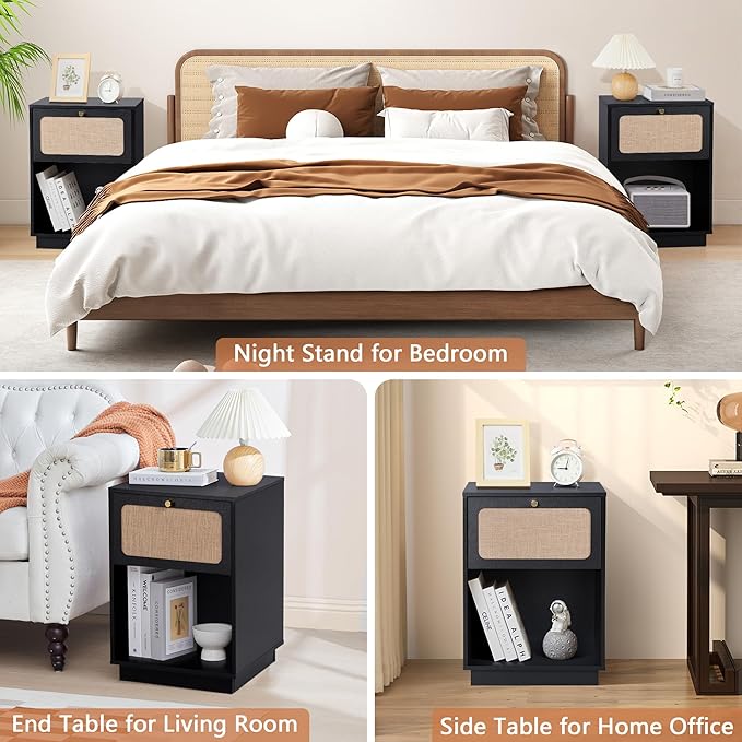 16" Wooden Night Stand with Drawer Linen Decor and Open Shelf, Modern Black Side Table, Small Bedside Table with Storage, Farmhouse Nightstand End Table for Bedroom Home Office, Living Room (Black)