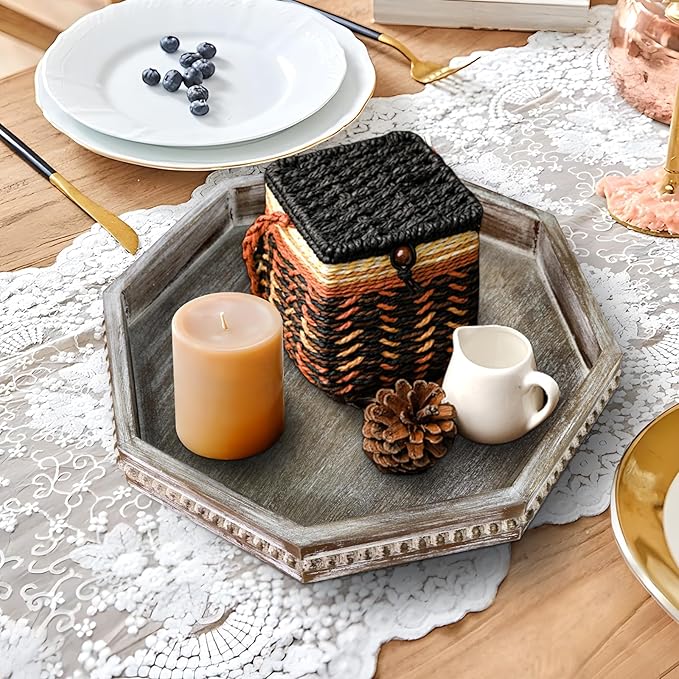 Wooden Decorative Tray, Small Serving Tray with Wood Bead, Farmhouse Big Tray for Ottoman, Countertop, Coffee Tabl, 13" x 13"x 1.6" (Retro Brown)