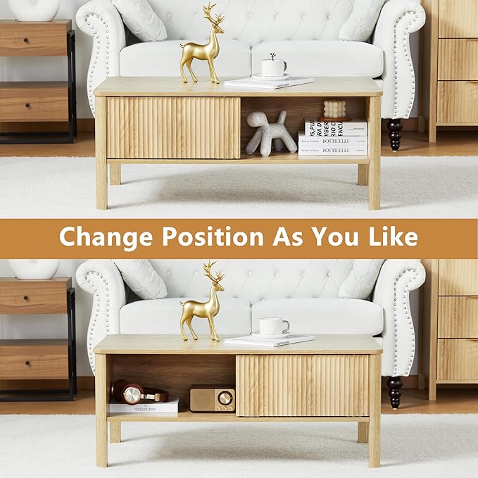 Mid-Century Modern Rectangular Wood Coffee Table with Dual Storage Shelf, Storage Center Coffee Tables with Waveform Panel Sliding Door Dining Table for Living Room Apartment(Natural)