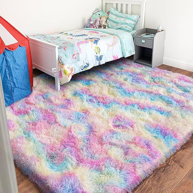 Rainbow Rug for Girls Bedroom, 4x6 Area Rug for Cute Girls Room, Bedside Indoor Floor Fluffy Shag Carpet, Plush Soft Rug for Living Room Nursery Dorm Home Decor