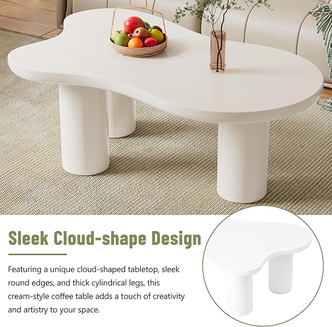 GDFStudio 44'' Cloud-Shaped Coffee Table,Minimalist Center Table with 3 Sturdy Legs & 1.5'' Thick Top,Easy Assembly Round Edge Irregular End Table for Living Room, Bedroom,or Patio,White