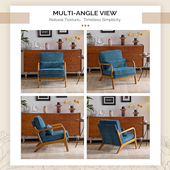 VINGLI Chenille Mid-Century Modern Accent Chair Set of 2, Cute Reading Arm Chair with Cushion & Lumbar Pillow & Solid Wood Frame for Lounge, Living Room, Reading Room, Bedroom, Blue