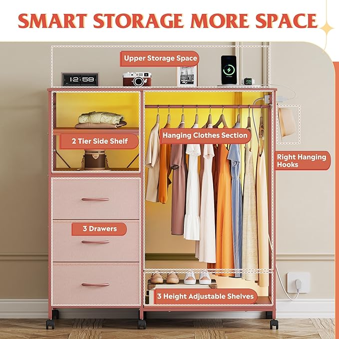 WLIVE Pink Dresser with Hanging Rack for Bedroom, 3 Drawer Dresser with LED Lights & Charging Station, Fabric Dressers & Chest of Drawers, Storage Organizer with Open Shelves for Living Room