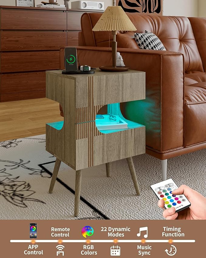 Nightstand with Charging Station and LED Lights,Modern Bedside Table with 2 Storage Drawer,Night Stand with Solid Wood Legs,White (Grey Osk)