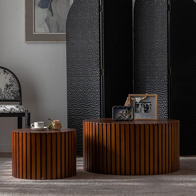 Nesting Coffee Table Set of 2, Modern Round Wooden Circle Accent Coffee Tables for Small Spaces Living Room Bedroom Balcony Office Drum Side Table