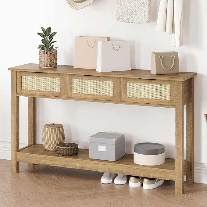 Luoxiao Rattan Console Table Boho Entryway Table with 3 Drawers Storage, Narrow Long Behind Couch Sofa Table for Living Room Side Table Entry Way Table Entrance Hallway Foyer, Natural, 47 Inch