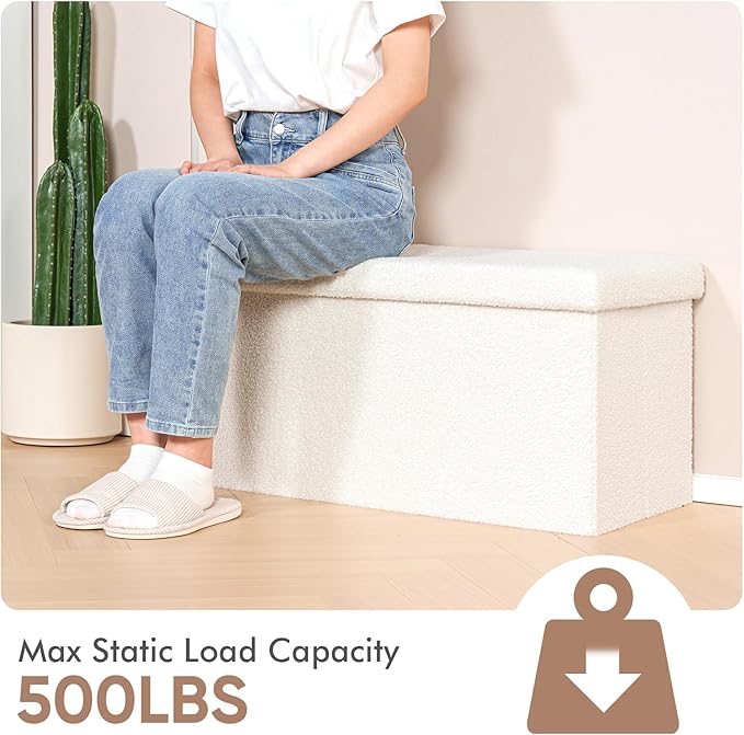 B FSOBEIIALEO Small Storage Ottoman Cube Sherpa Ottomans Foot Rest, Foldable Boucle Ottoman Bench, Faux Teddy Fur, Cream White 30"x15"x15"