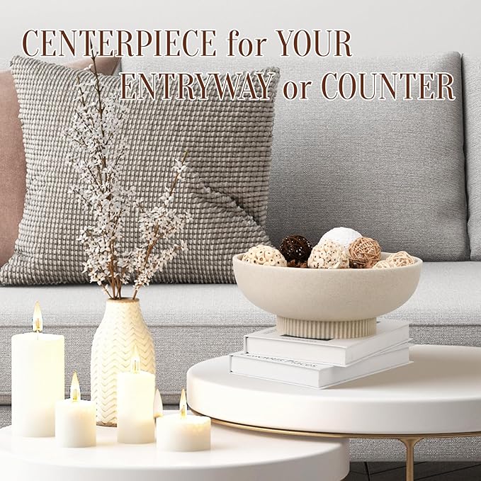 Large Resin Pedestal Decorative Bowl - Modern Handicraft Bowls for Home Decor - Fruit Bowl for Kitchen Counter - Key Bowl for Entryway Table,Artificial Stone Beige