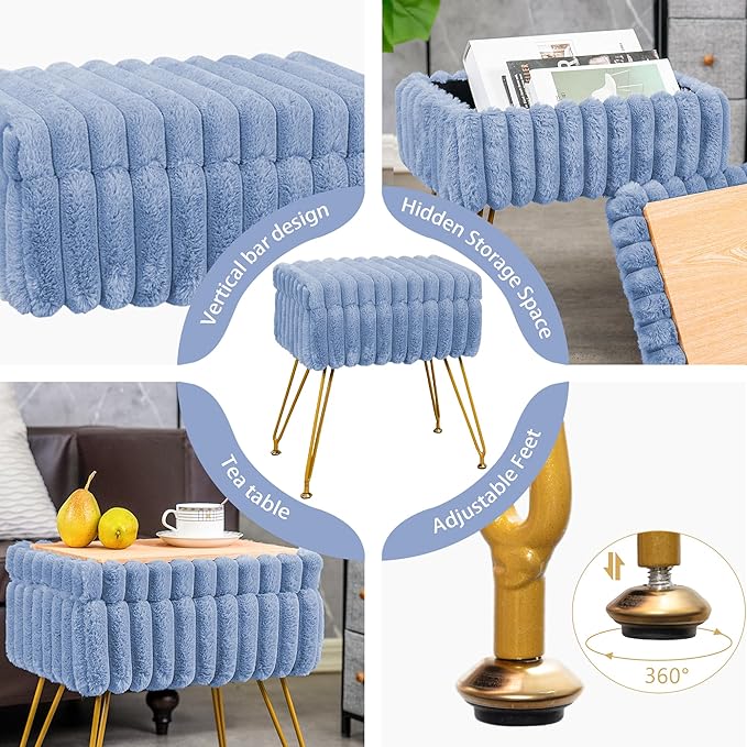 Faux Fur Vanity Stool Chair with Storage Ottoman, Vanity Chair for Makeup Room, Vanity Stools for Bedroom, Footrest with Metal Legs and as a Coffee Table, Blue