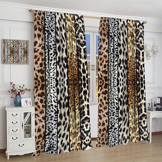 Leopard Print Blackout Curtain, Rustic Wild Animal Skin Farmhouse Fur Leopard Print Drapes, Rod Pocket Window Treatments 2 Panels Curtains for Kitchen Living Room Bedroom Cafe Decor 84"W X 84"L