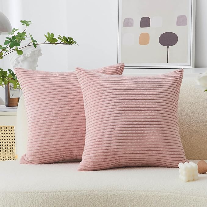 Home Brilliant Pillow Covers 22x22 2 Packs Pillows Decorative Throw Pillows for Couch Bench Striped Velvet Spring Decor, 55x55cm, 22 x 22 Inch, Baby Pink